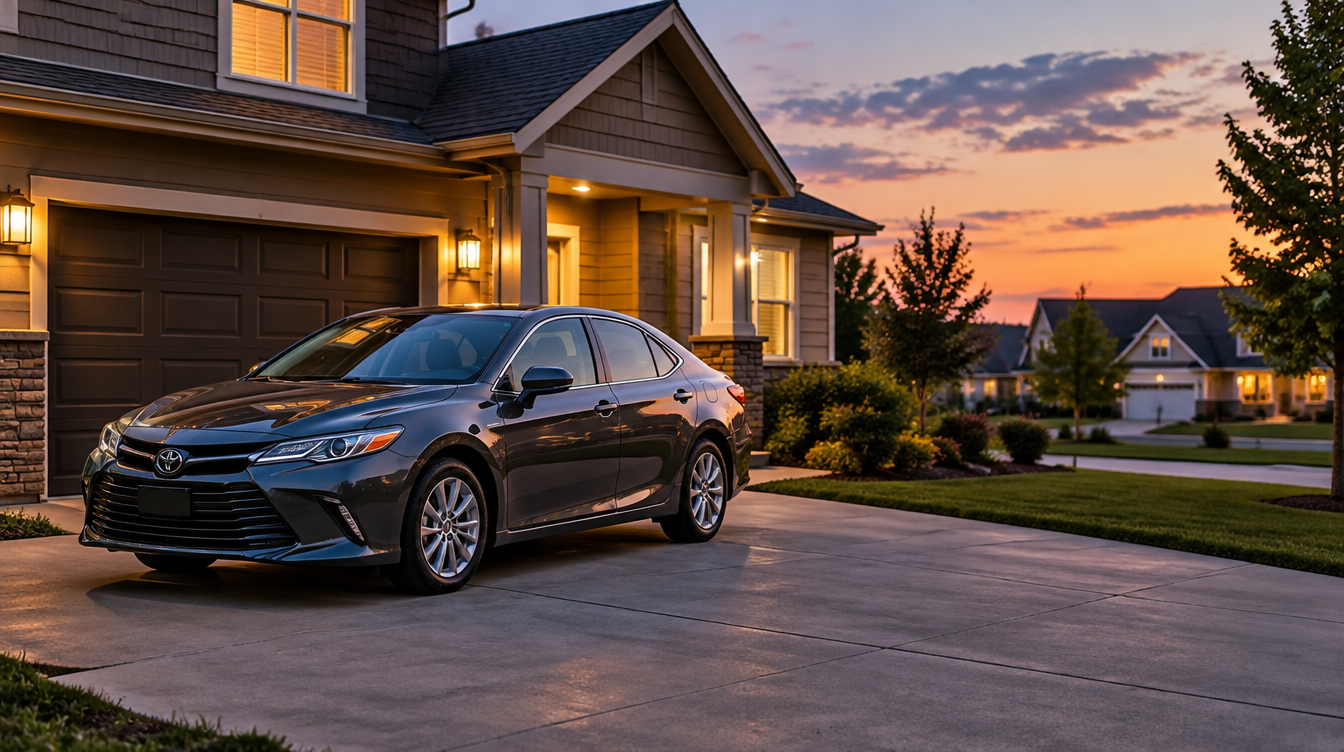 A parked car sitting quietly in a driveway at dusk