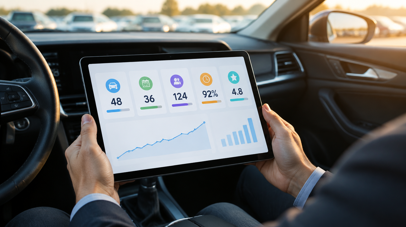 A tablet showing a simple dashboard of fleet stat tiles held over a car interior