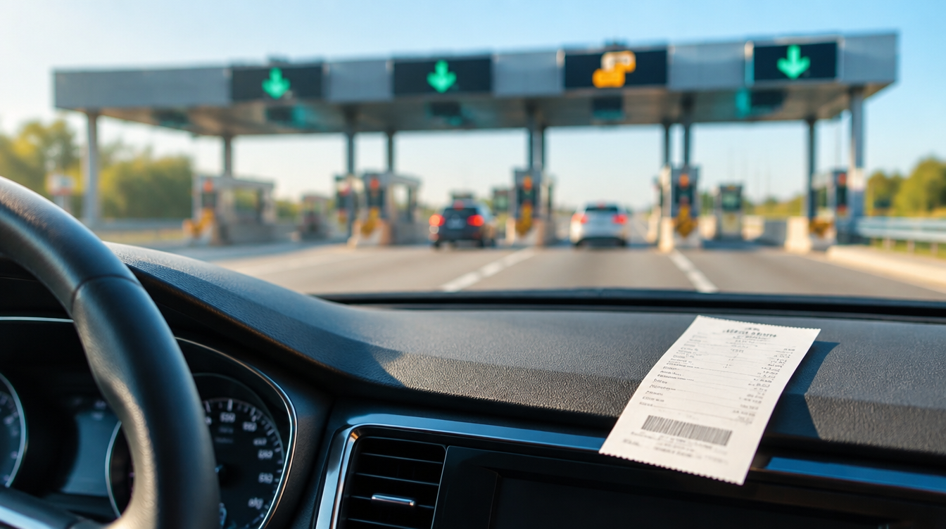 A car dashboard with a small receipt, highway toll signage blurred in the background