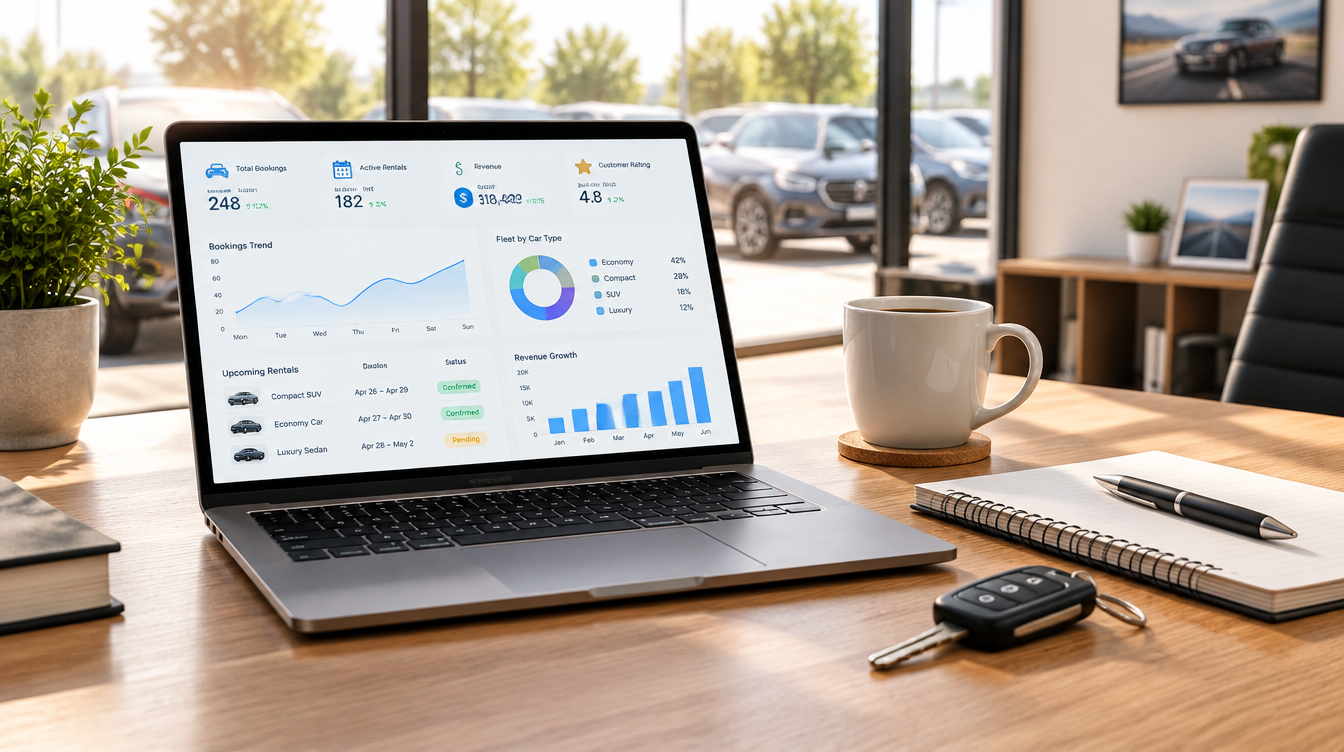 A home office desk with a laptop, coffee, and car keys