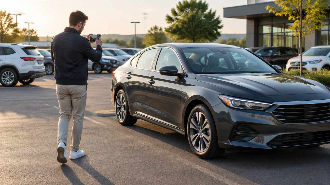 A person walking around a parked car taking photos, other cars visible in a lot behind them