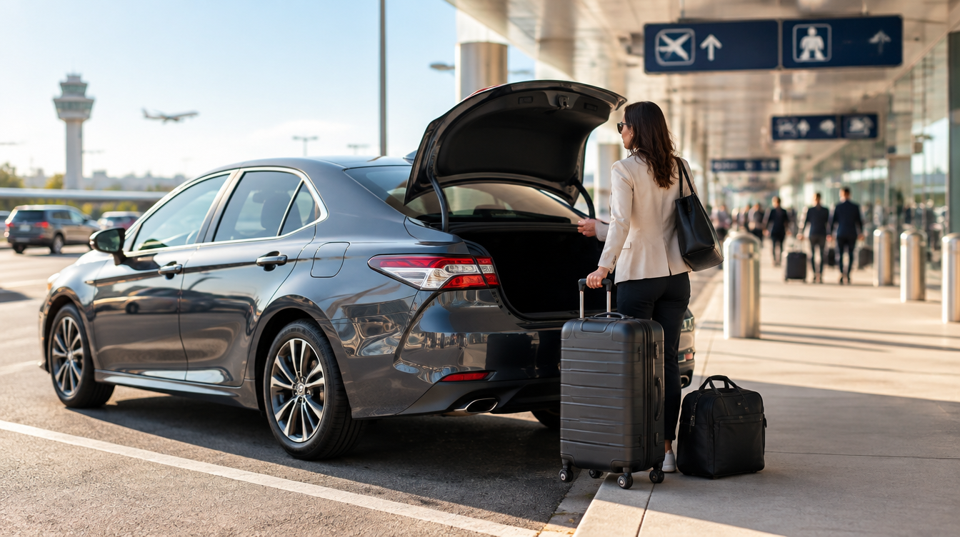 A car parked in an airport pickup zone with a blurred terminal in the background