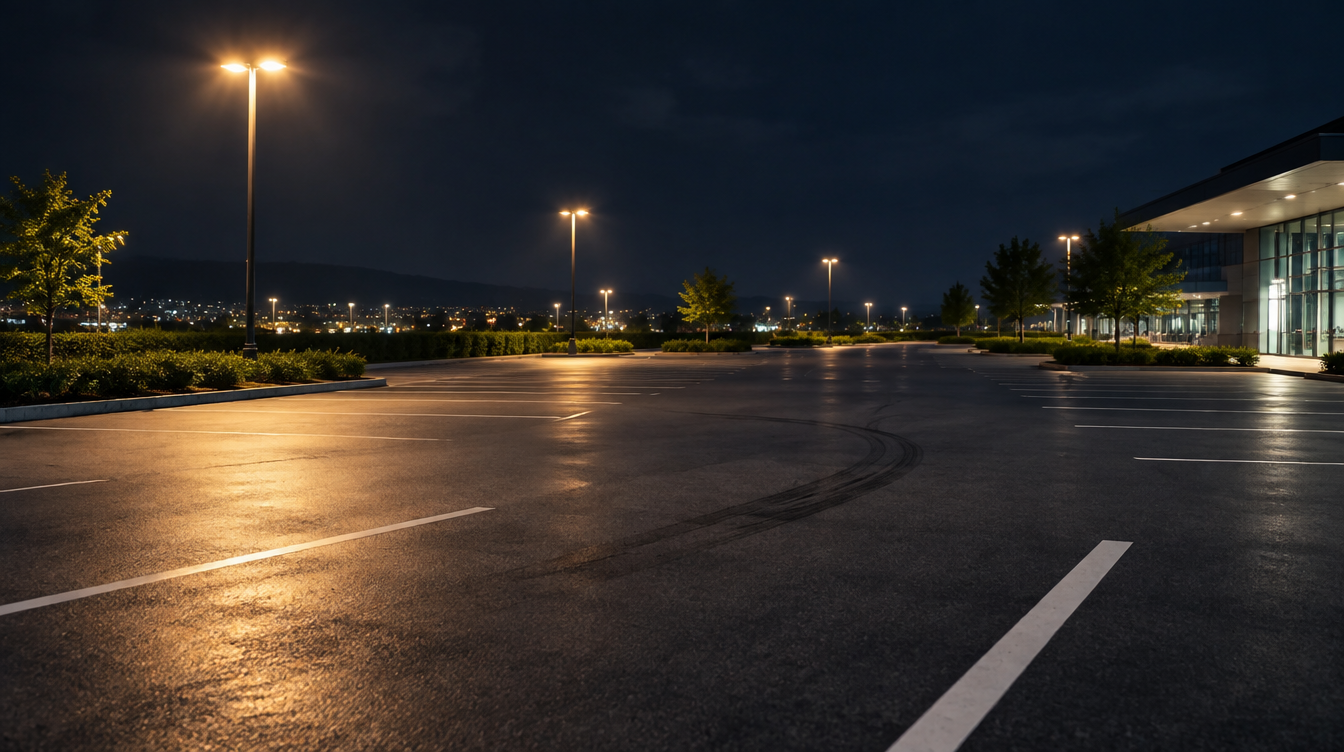 An empty, dimly lit parking space at night with a faint tire mark