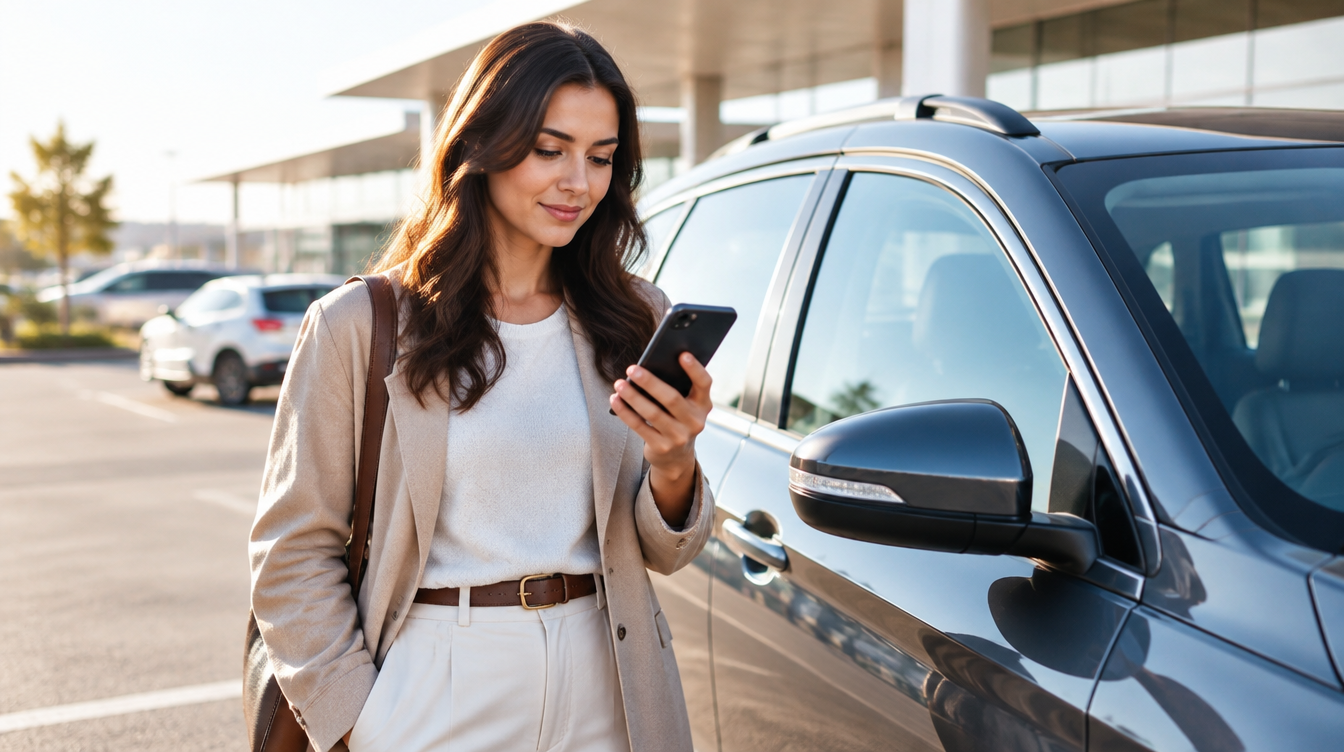 A person reading a phone notification while standing next to a parked car