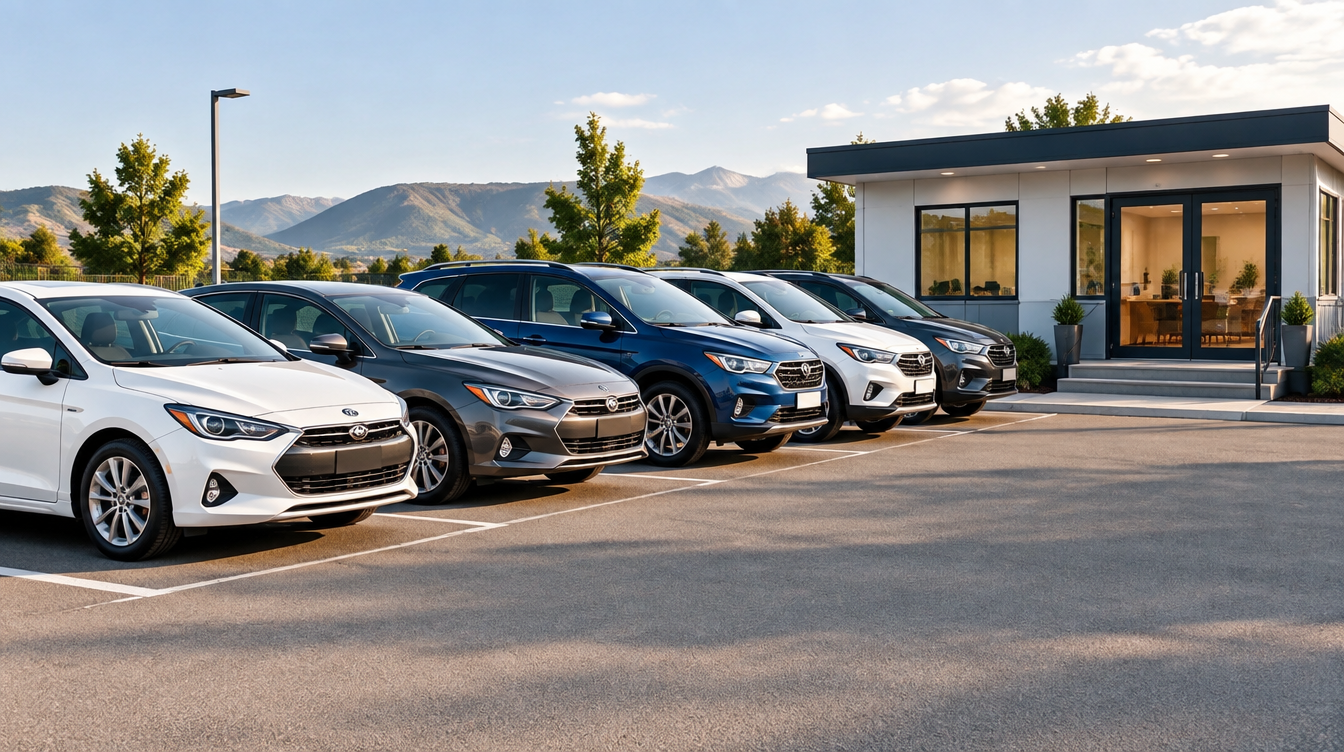 A tidy row of well-maintained cars parked outside a small operations office