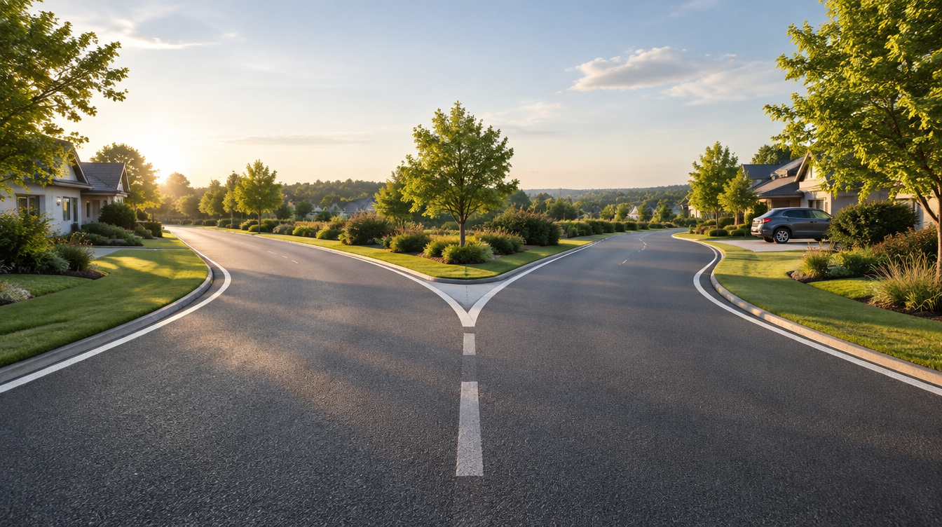A road splitting into two separate paths in a quiet suburban setting