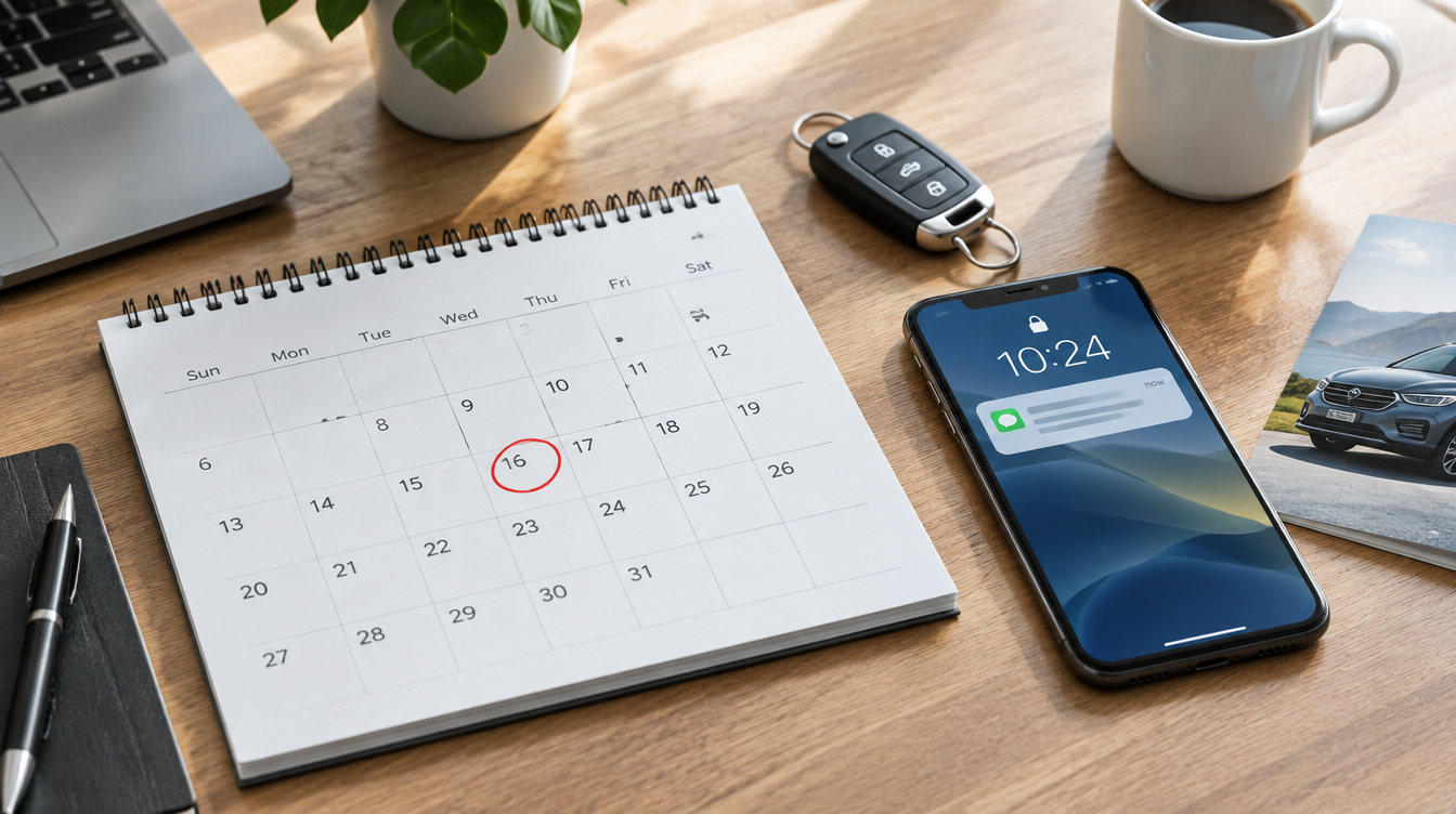 A calendar with a circled date and a phone showing a notification nearby