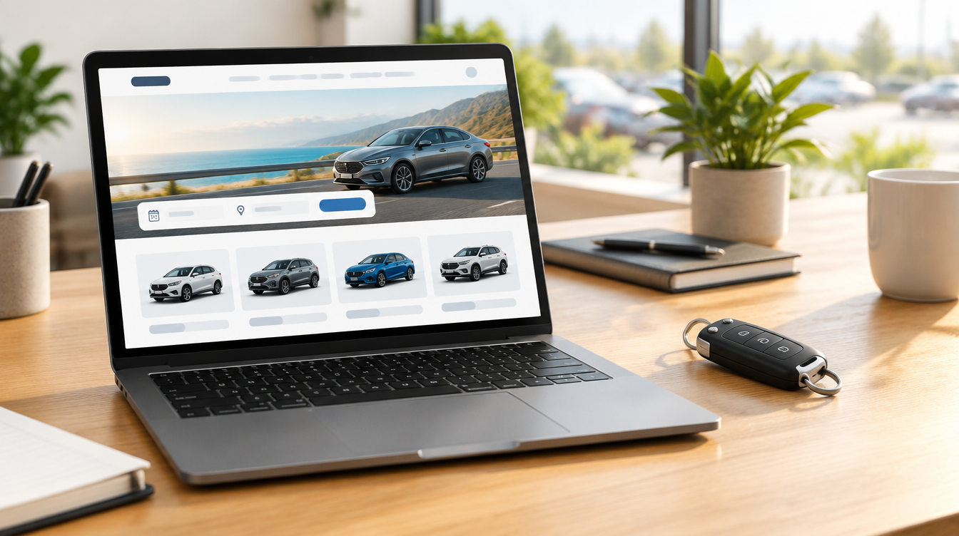 A laptop showing a simple booking website next to a car key on a desk