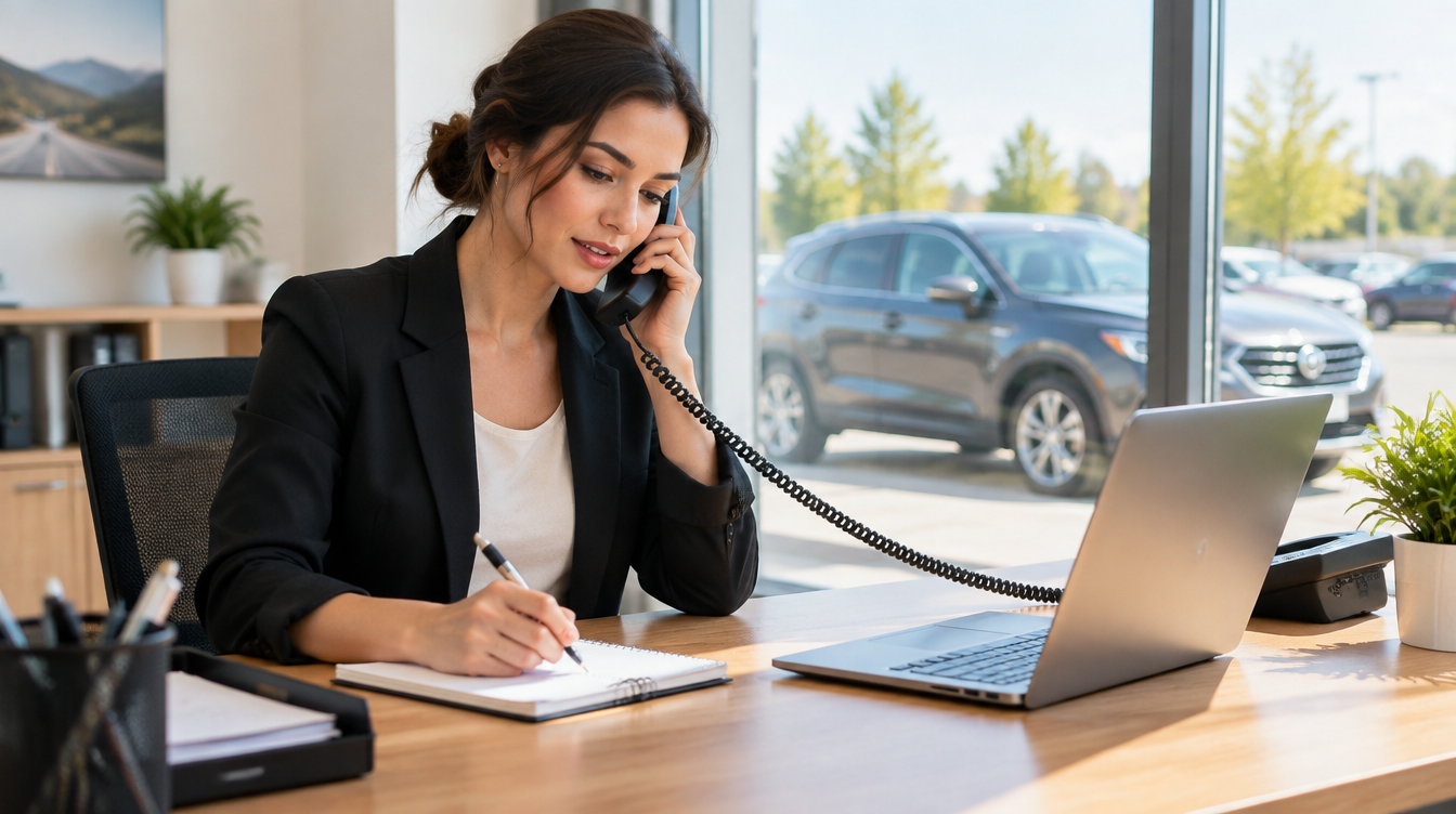 A person taking notes on a phone call at a desk with a car visible through the window