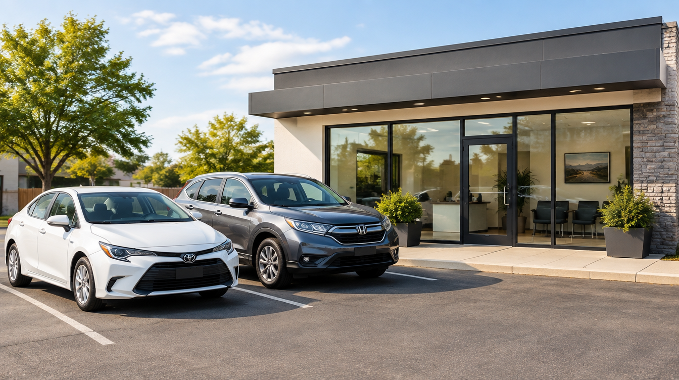 A small independent car rental storefront with a couple of clean cars parked in front