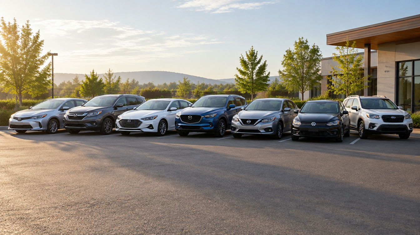 Seven modest cars parked in a neat row in a driveway