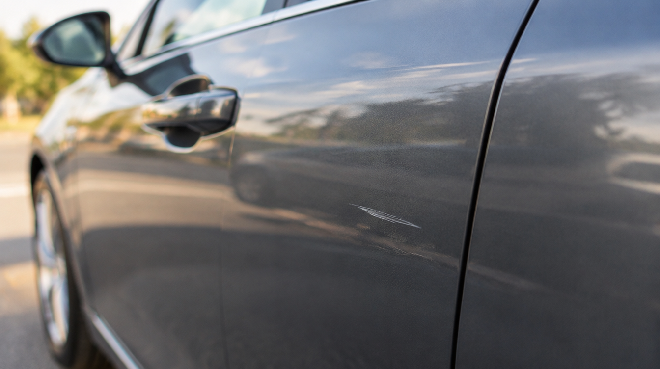 Close-up of a small scuff on a car door panel in soft daylight