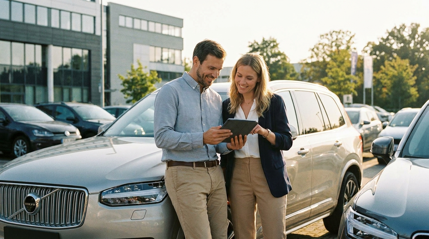 Two people reviewing a tablet together beside a parked car