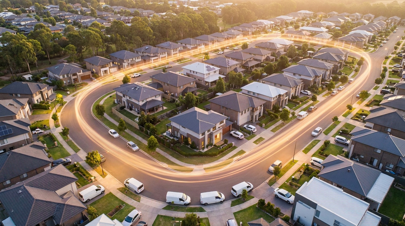 An aerial view of a neighborhood suggesting a customizable delivery zone