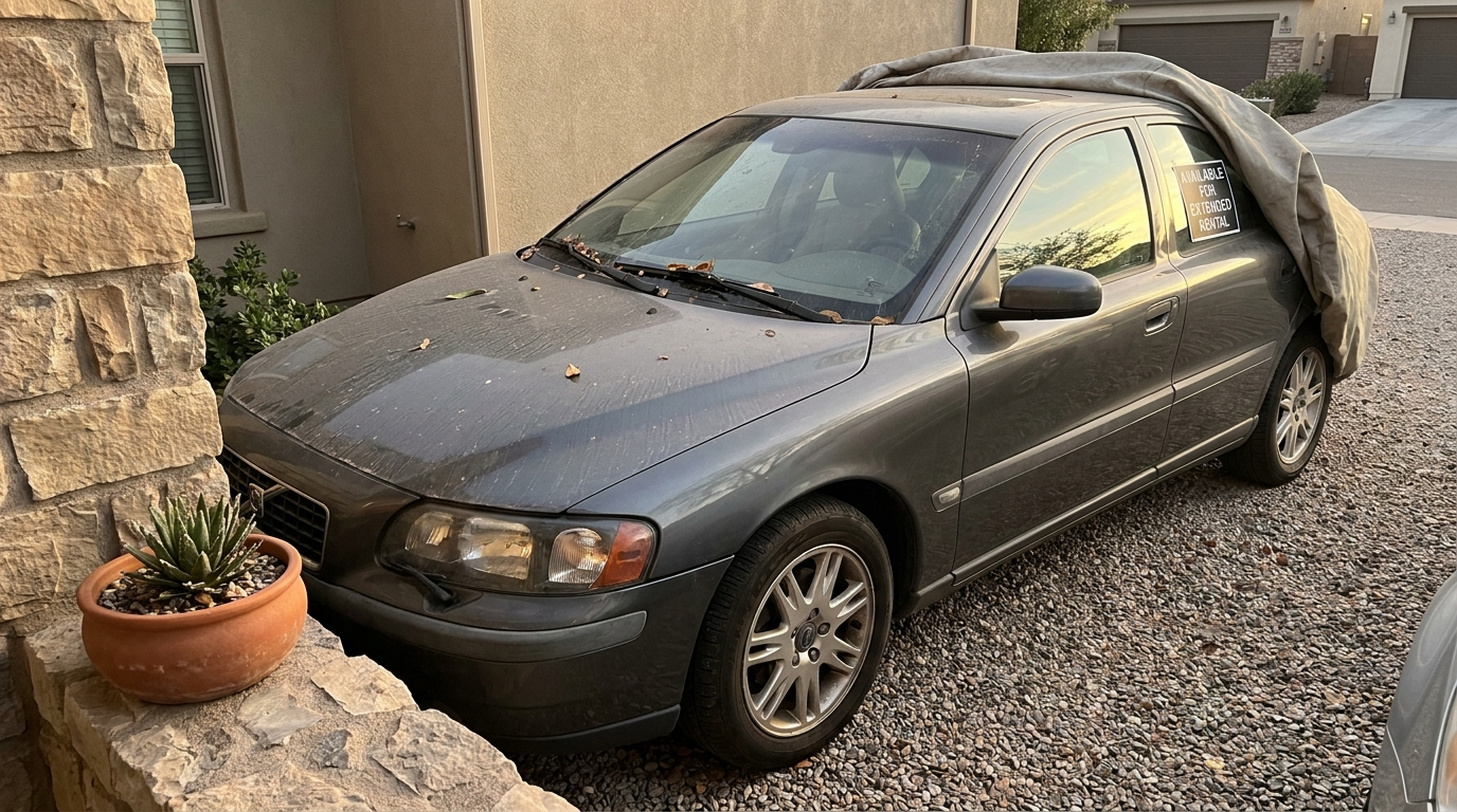 A car parked in a driveway suggesting a long-term rental arrangement