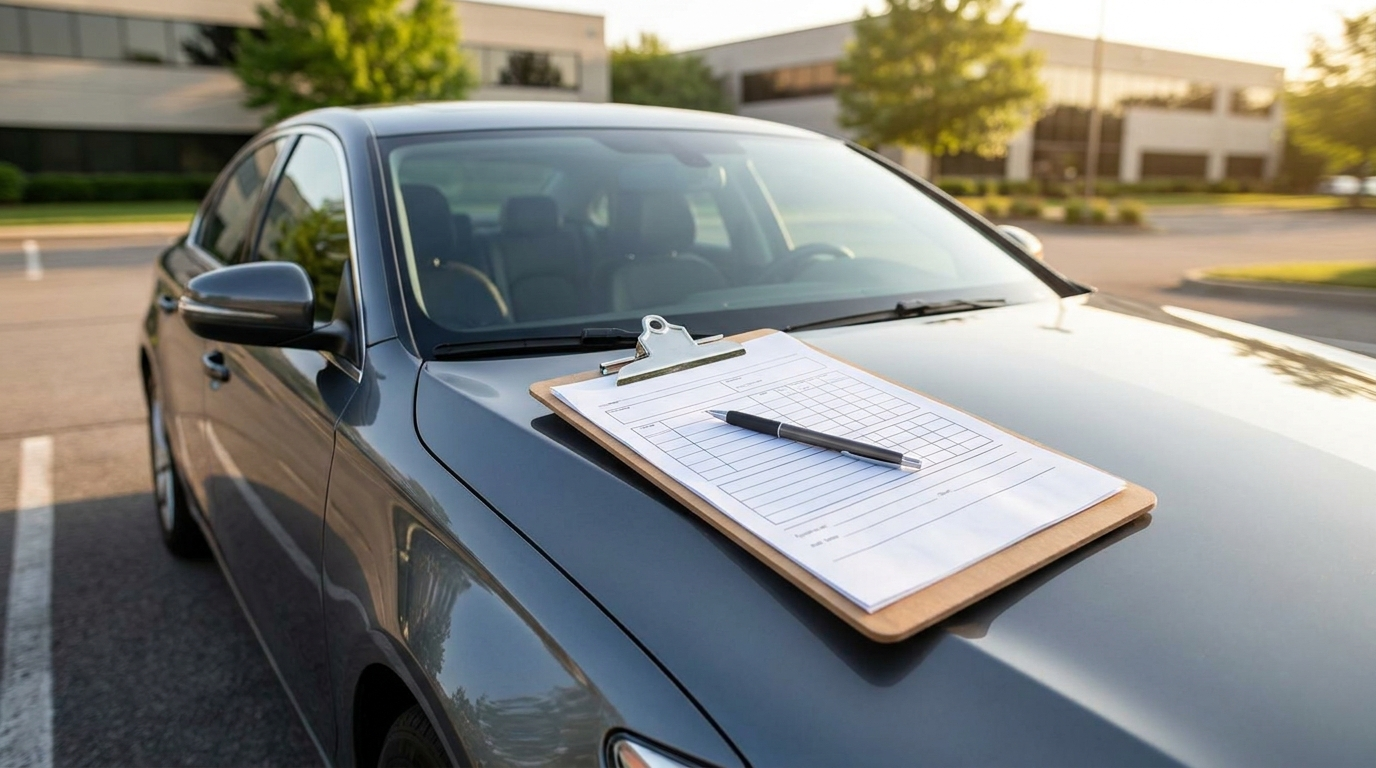 A clipboard with a simple form resting on a car hood