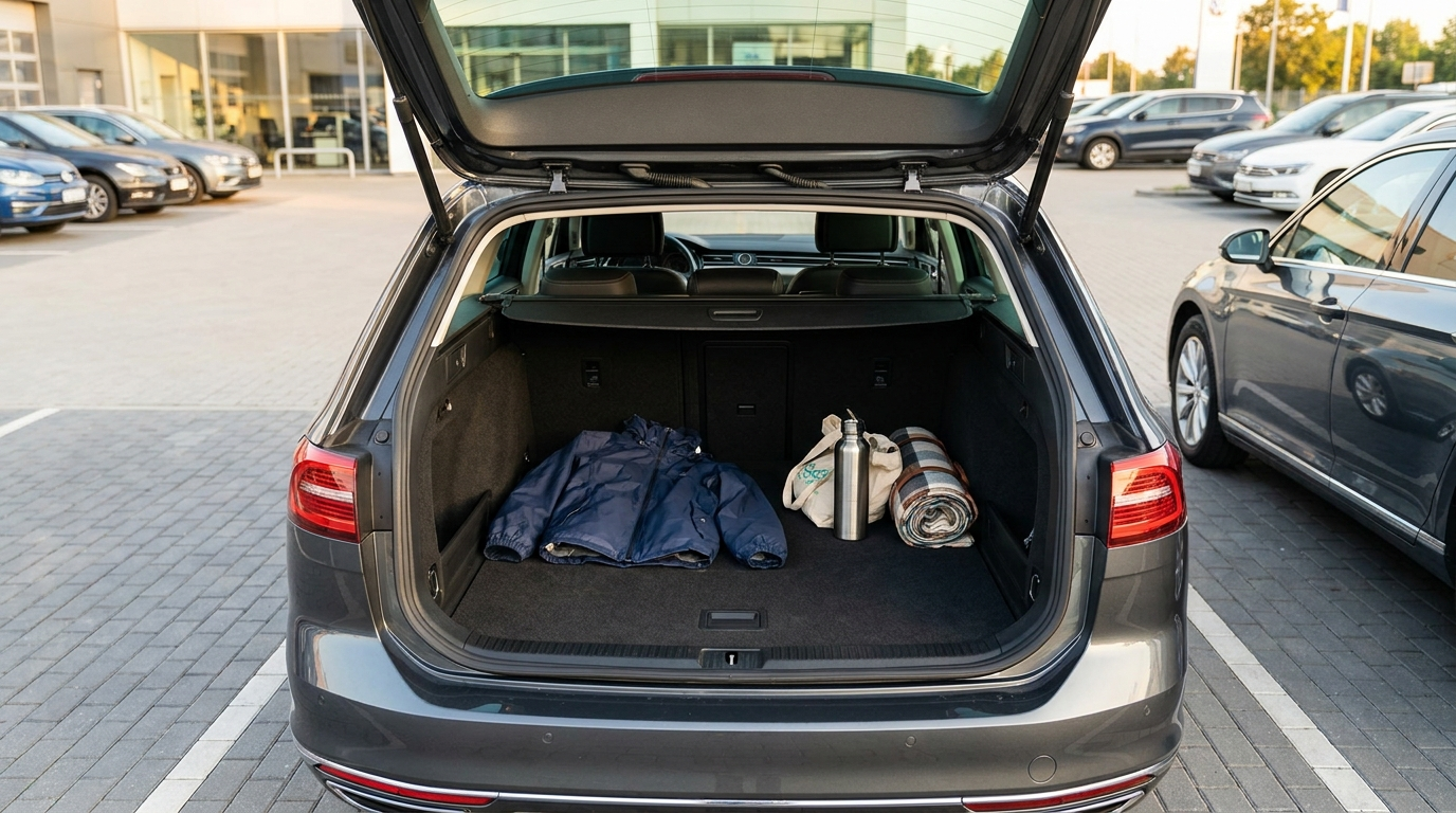 An open car trunk with a few ordinary miscellaneous items visible inside